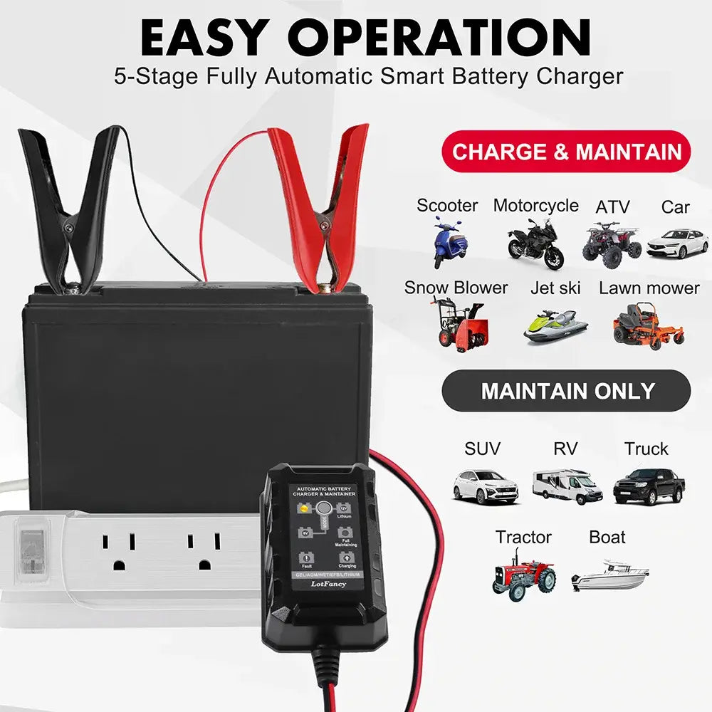 6V 12V 1.5A Battery Charger Maintainer, Smart Trickle Charger for Lithium (LiFePO4), Lead Acid Battery, Automatic Float Charger - Nexvibe