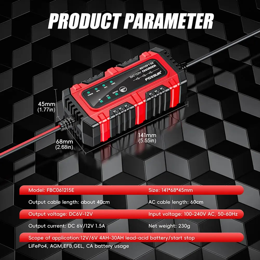 6V 12V 1.5A Smart Car Battery Charger for Lead-Acid AGM GEL Batteries (US) - United States