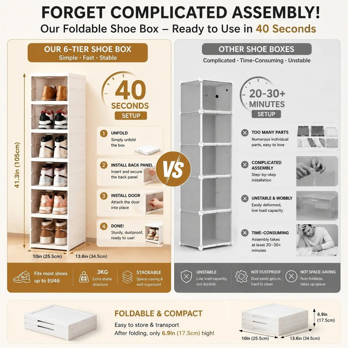 6 Layers Shoes Box Foldable Transparent Sneaker Shoe Storage Organizers Box Stackable Dustproof High-top Cabinet Shoe