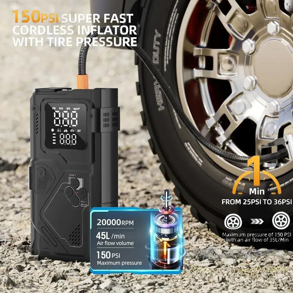 6 in 1 Jump Starter with Air Pump Peak 5000A Booster 150PSI Tire Inflator 8L Gas/4L Diesel with DC Power Cord 400LM
