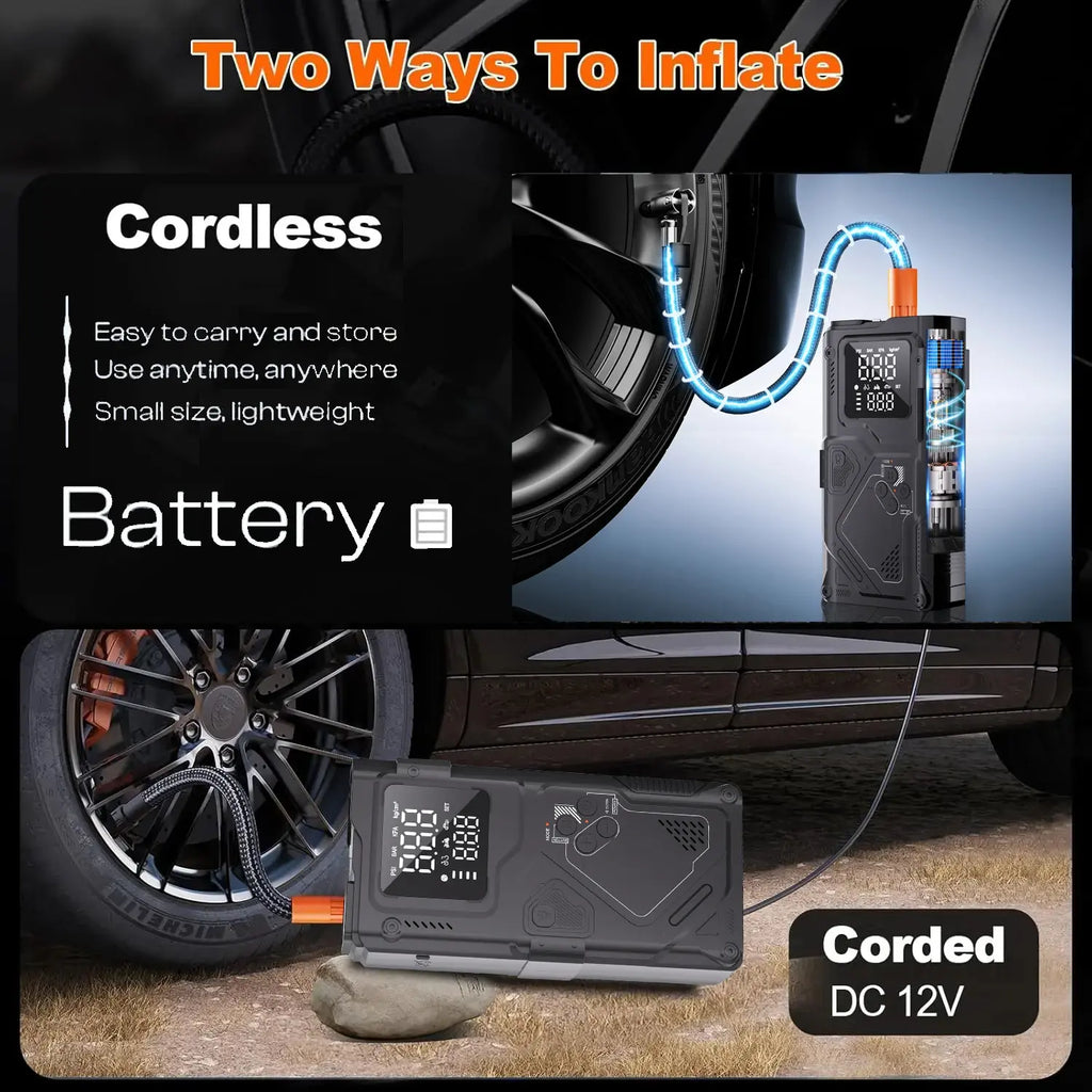 6 in 1 Jump Starter with Air Pump Peak 5000A Booster 150PSI Tire Inflator 8L Gas/4L Diesel with DC Power Cord 400LM