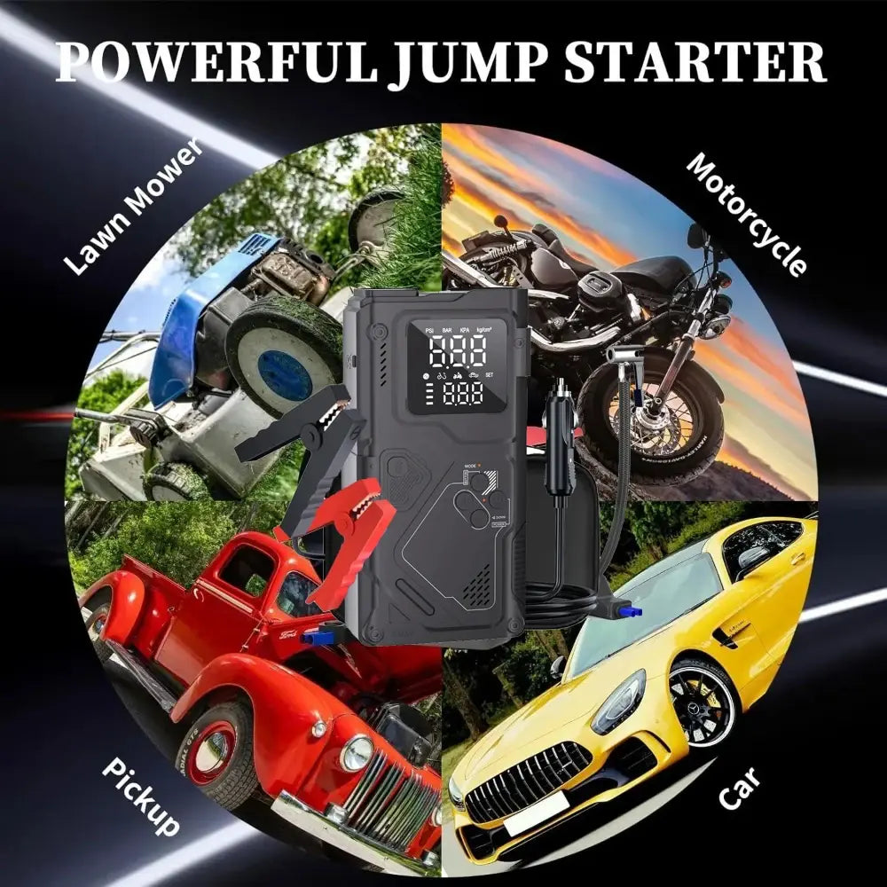 6 in 1 Jump Starter with Air Pump Peak 5000A Booster 150PSI Tire Inflator 8L Gas/4L Diesel with DC Power Cord 400LM