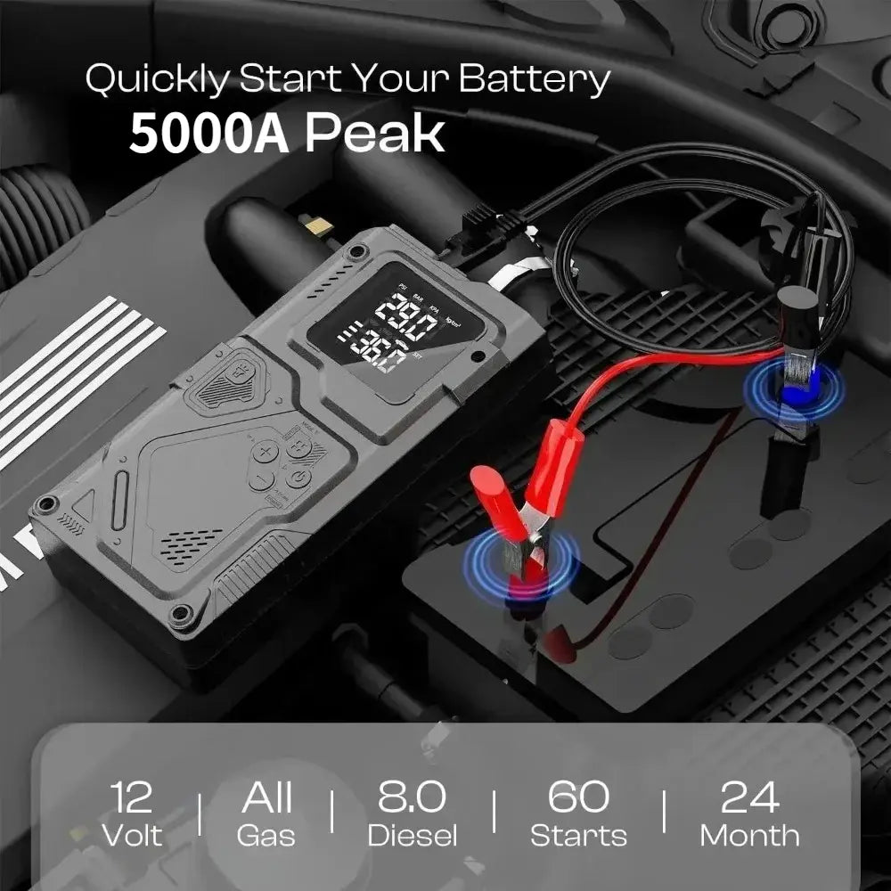 6 in 1 Jump Starter with Air Pump Peak 5000A Booster 150PSI Tire Inflator 8L Gas/4L Diesel with DC Power Cord 400LM