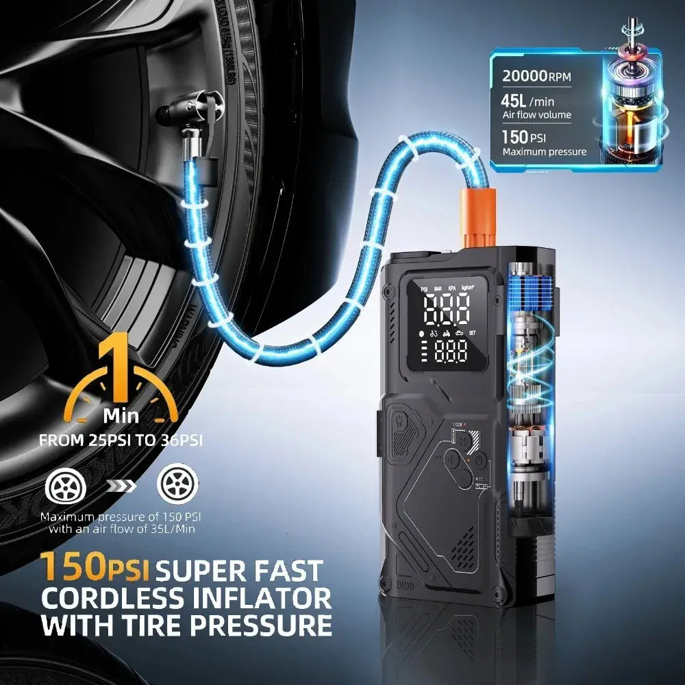 6 in 1 Jump Starter with Air Pump Peak 5000A Booster 150PSI Tire Inflator 8L Gas/4L Diesel with DC Power Cord 400LM