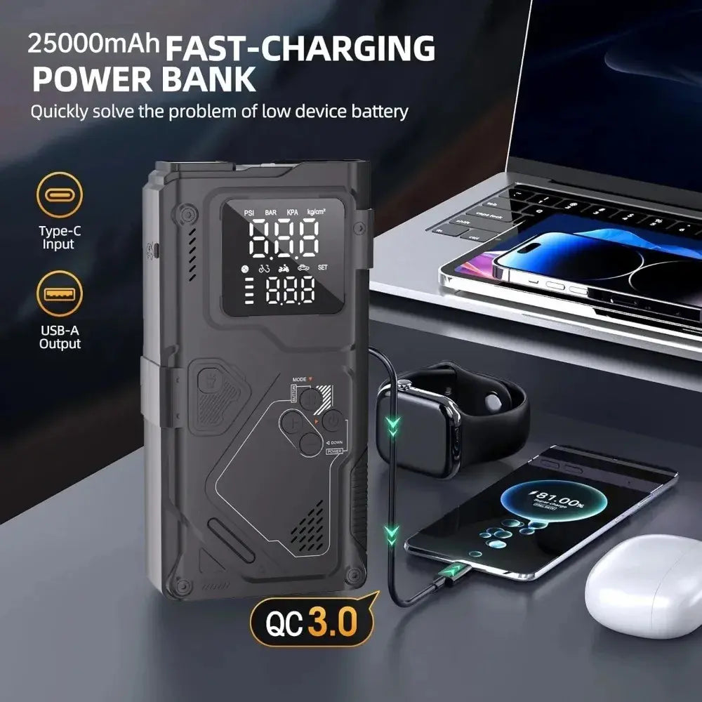 6 in 1 Jump Starter with Air Pump Peak 5000A Booster 150PSI Tire Inflator 8L Gas/4L Diesel with DC Power Cord 400LM