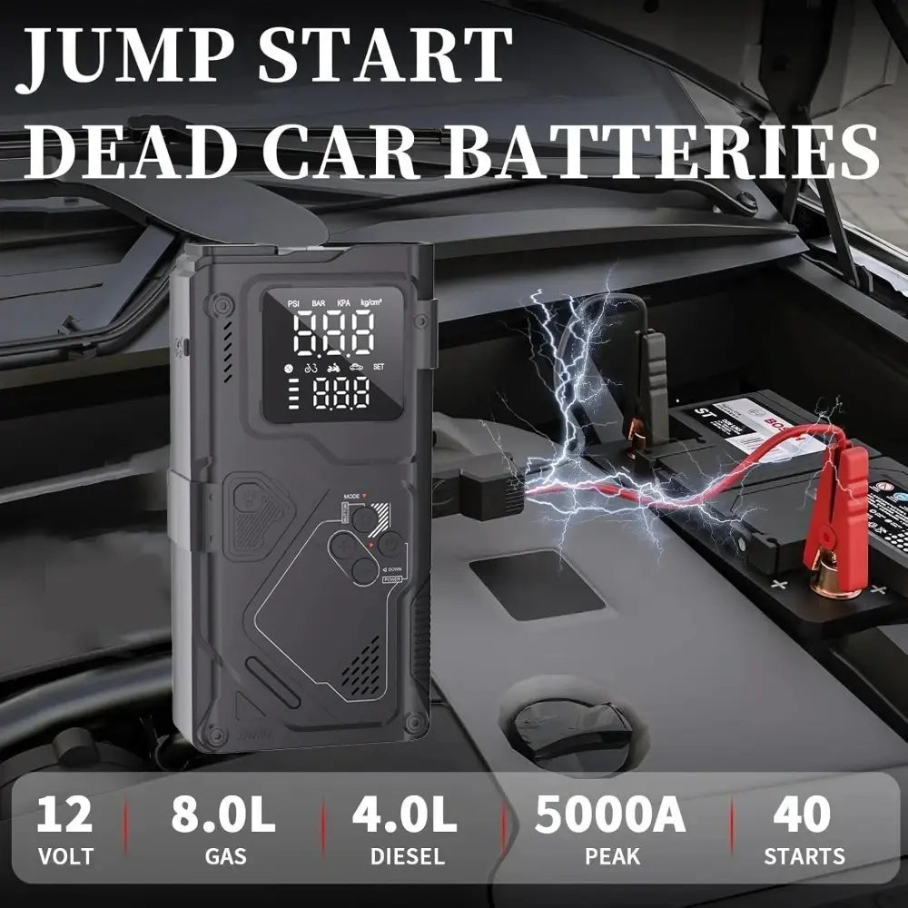 6 in 1 Jump Starter with Air Pump Peak 5000A Booster 150PSI Tire Inflator 8L Gas/4L Diesel with DC Power Cord 400LM