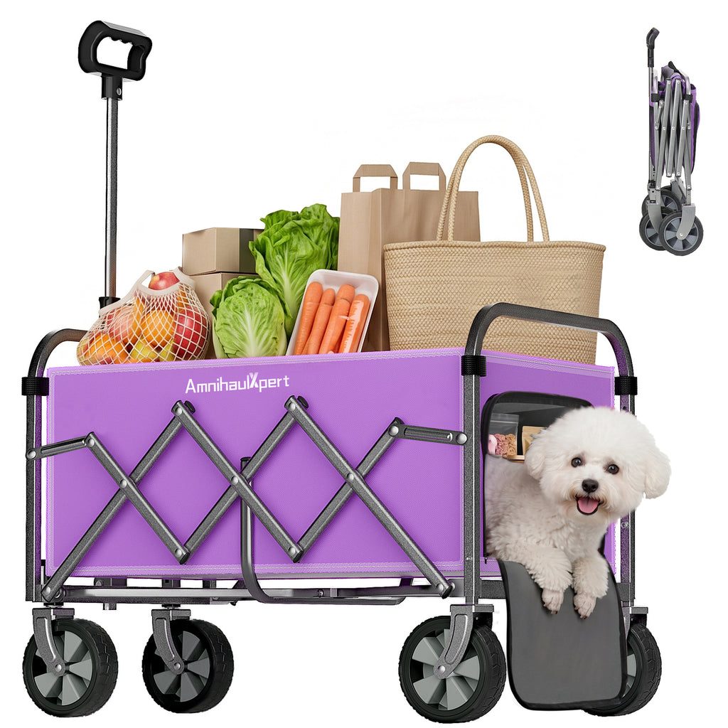 Foldable Wagon Cart with Wheels, Heavy Duty Collapsible Wagon, Lightweight Utility Cart with Adjustable Handle, All Terrain Wheels for Camping, Shopping, Beach, Garden, Purple