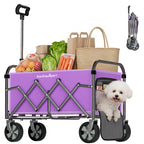 Foldable Wagon Cart with Wheels, Heavy Duty Collapsible Wagon, Lightweight Utility Cart with Adjustable Handle, All Terrain Wheels for Camping, Shopping, Beach, Garden, Purple