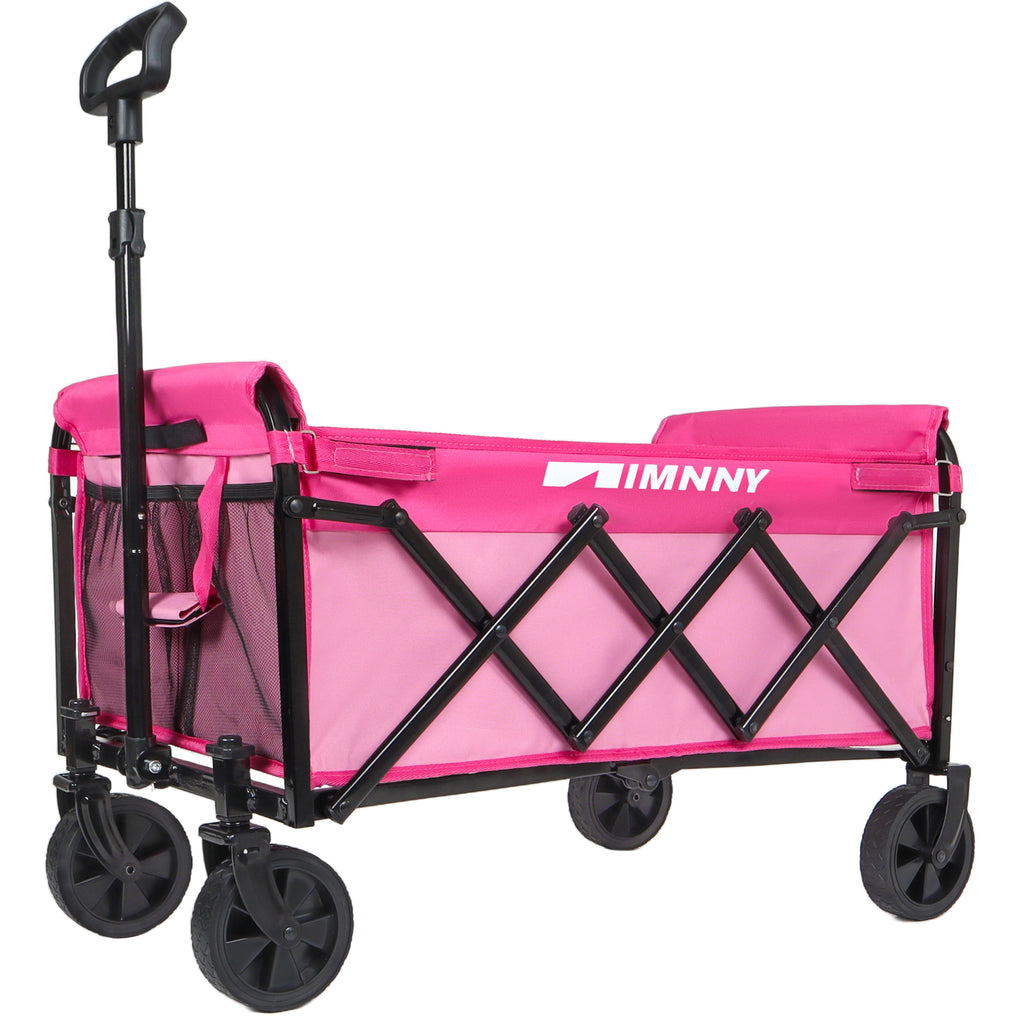 Collapsible Wagon with Wheels, Lightweight Utility Camping Wagons Carts Foldable with 360lbs Weight Capacity, Carts with Cup Holders for Garden, Sports, Grocery, Shopping (Pink)