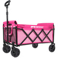 Collapsible Wagon with Wheels, Lightweight Utility Camping Wagons Carts Foldable with 360lbs Weight Capacity, Carts with Cup Holders for Garden, Sports, Grocery, Shopping (Pink)
