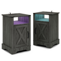 LED Nightstand Set of 2 with Charging Station, Bedside Table with Storage Cabinet and Shelf, Rustic End Table, Farmhouse Wooden Side Table, for Bedroom, Living Room, Dark Gray