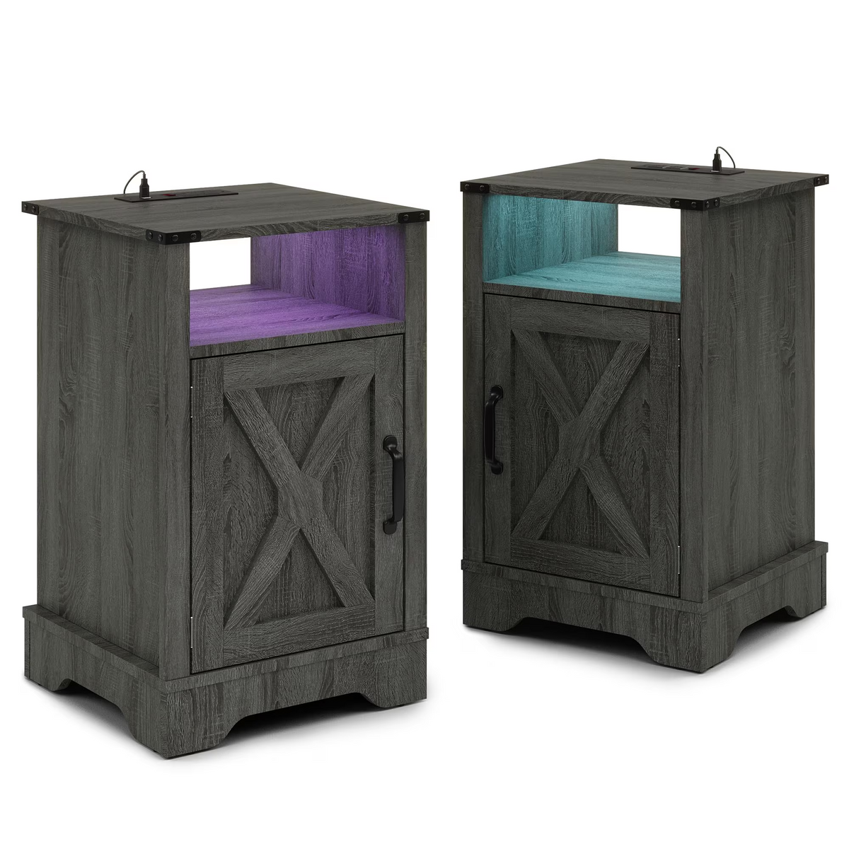 LED Nightstand Set of 2 with Charging Station, Bedside Table with Storage Cabinet and Shelf, Rustic End Table, Farmhouse Wooden Side Table, for Bedroom, Living Room, Dark Gray