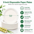 9 Inch Eco Plates 50 Pack, Made from Renewable Sugarcane, BPA-Free and Biodegradable, for Sustainable Parties and Daily Meals