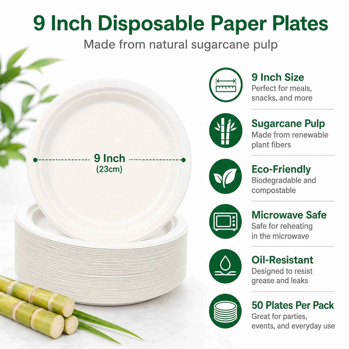 9 Inch Eco Plates 50 Pack, Made from Renewable Sugarcane, BPA-Free and Biodegradable, for Sustainable Parties and Daily Meals