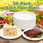 9 Inch Eco Plates 50 Pack, Made from Renewable Sugarcane, BPA-Free and Biodegradable, for Sustainable Parties and Daily Meals