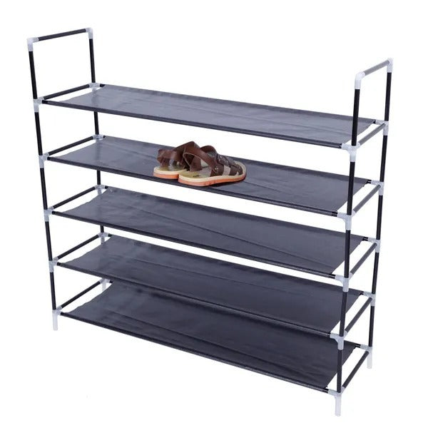 Simple Assembly 5 Tiers Non-woven Fabric Shoe Rack With Handle Black RT