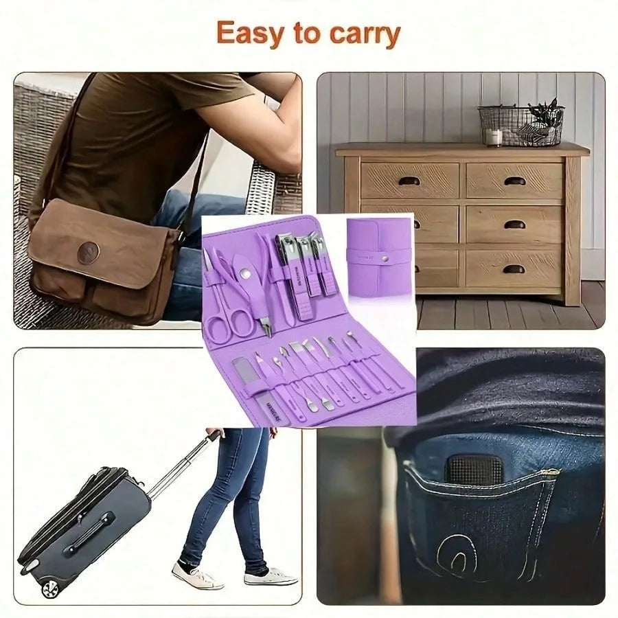 Professional 16-In-1 Purple Nail Care Set, With A Foldable PU Leather Case, Complete With Care And Trimming Tools. Stainless Steel Nail And Pedicure Tools, Portable Travel Nail Set, Suitable For Home, Business Trips, And Dail