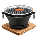KL1 Portable Charcoal Grill Mini Tabletop BBQ Cast Iron Body Stainless Steel Removable Grill Net Heat-Resistant Wooden Base Silver Carry Rings Outdoor Picnic and Backyard Cooking