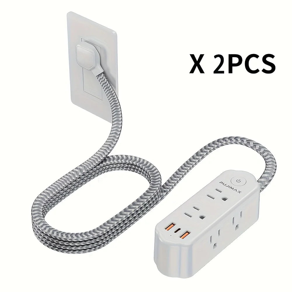 PUJIMAX US version 59.06-inch woven cable multi-function power board, featuring 2 USB ports, 1 Type-C port, 6 AC socket ports