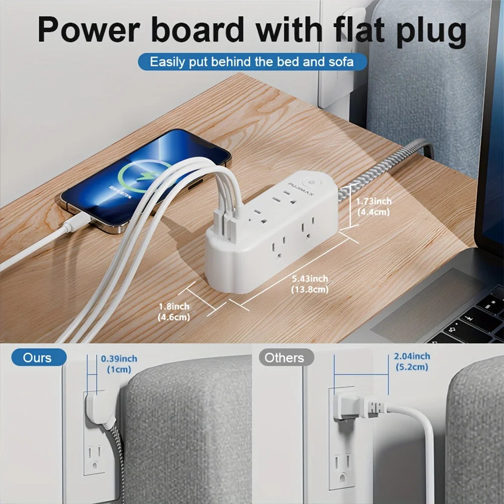 PUJIMAX US version 59.06-inch woven cable multi-function power board, featuring 2 USB ports, 1 Type-C port, 6 AC socket ports