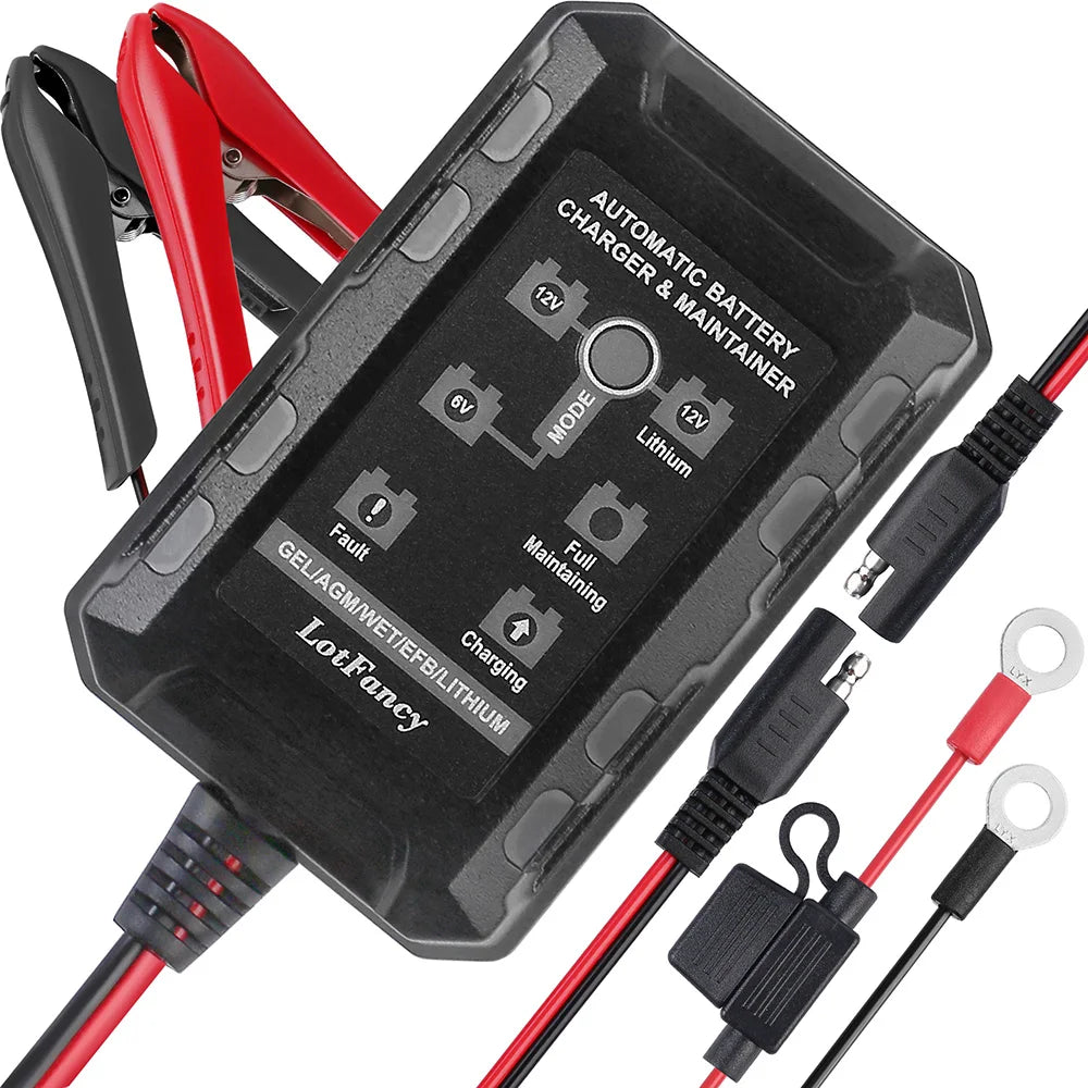 6V 12V 1.5A Battery Charger Maintainer, Smart Trickle Charger for Lithium (LiFePO4), Lead Acid Battery, Automatic Float Charger