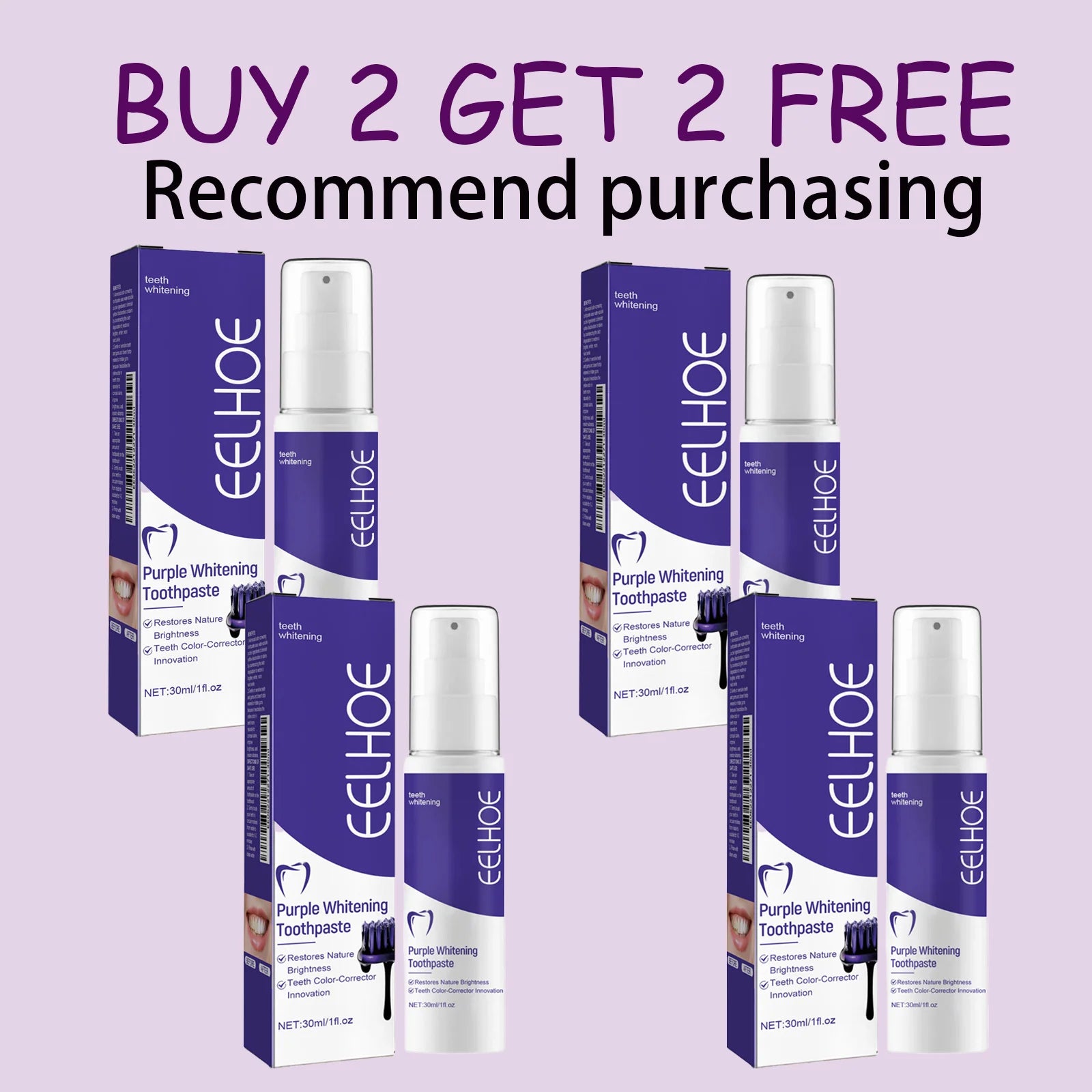 EELHOE 30ML Purple Whitening Toothpaste Teeth Stains Odors Removal Brighten Teeth  Gentle Gum Care Portable Travel Daily Use