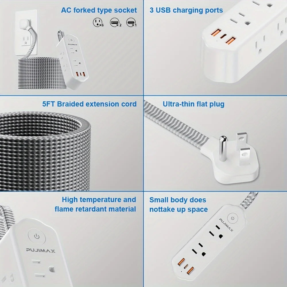 PUJIMAX US version 59.06-inch woven cable multi-function power board, featuring 2 USB ports, 1 Type-C port, 6 AC socket ports
