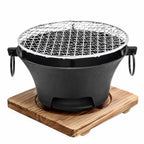 KL1 Portable Charcoal Grill Mini Tabletop BBQ Cast Iron Body Stainless Steel Removable Grill Net Heat-Resistant Wooden Base Silver Carry Rings Outdoor Picnic and Backyard Cooking