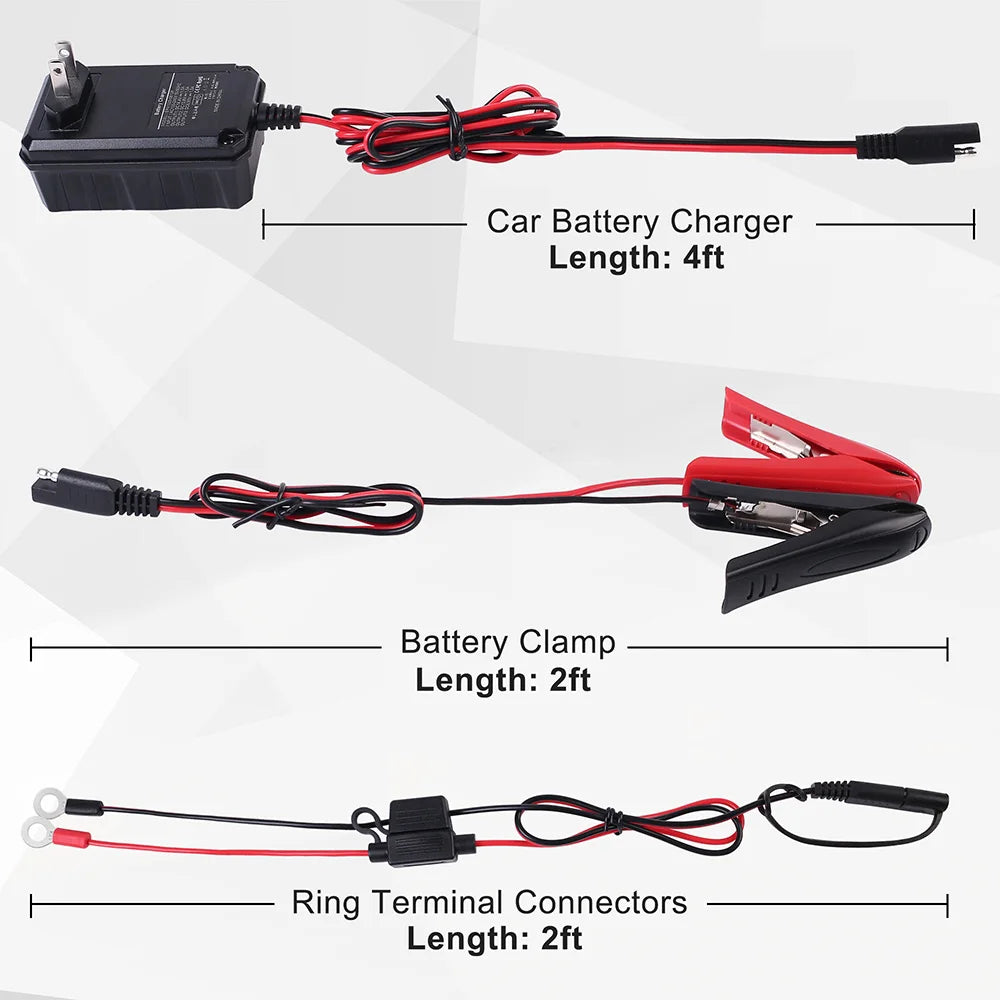 6V 12V 1.5A Battery Charger Maintainer, Smart Trickle Charger for Lithium (LiFePO4), Lead Acid Battery, Automatic Float Charger