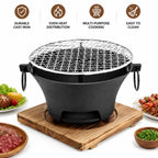 KL1 Portable Charcoal Grill Mini Tabletop BBQ Cast Iron Body Stainless Steel Removable Grill Net Heat-Resistant Wooden Base Silver Carry Rings Outdoor Picnic and Backyard Cooking