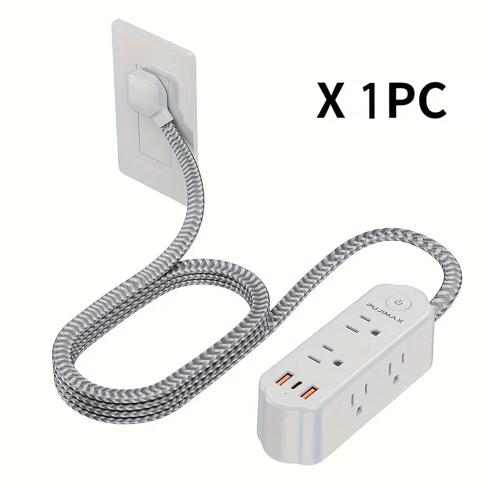 PUJIMAX US version 59.06-inch woven cable multi-function power board, featuring 2 USB ports, 1 Type-C port, 6 AC socket ports