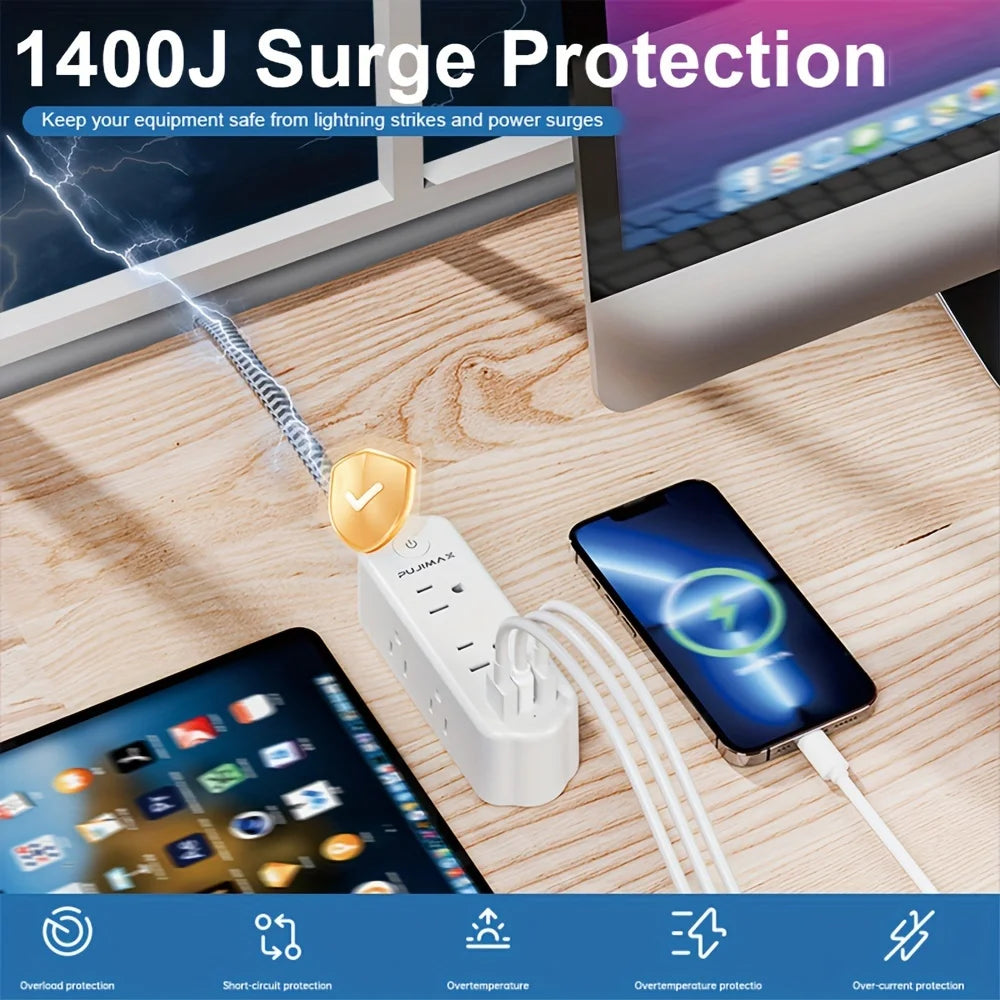 PUJIMAX US version 59.06-inch woven cable multi-function power board, featuring 2 USB ports, 1 Type-C port, 6 AC socket ports