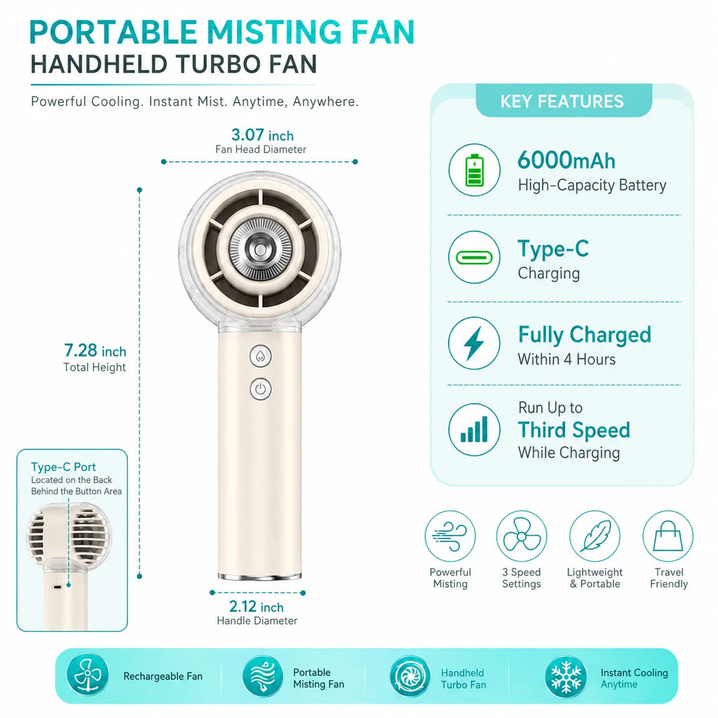 Misting Portable Handheld Fan 6000mAh Rechargeable Battery, Personal Mini Fans with 4 Strong Windfor Travel, Camping, Beach