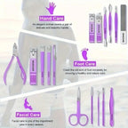 Professional 16-In-1 Purple Nail Care Set, With A Foldable PU Leather Case, Complete With Care And Trimming Tools. Stainless Steel Nail And Pedicure Tools, Portable Travel Nail Set, Suitable For Home, Business Trips, And Dail