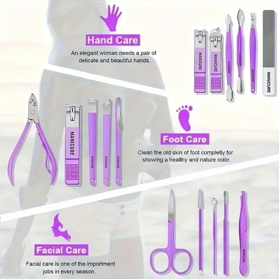 Professional 16-In-1 Purple Nail Care Set, With A Foldable PU Leather Case, Complete With Care And Trimming Tools. Stainless Steel Nail And Pedicure Tools, Portable Travel Nail Set, Suitable For Home, Business Trips, And Dail