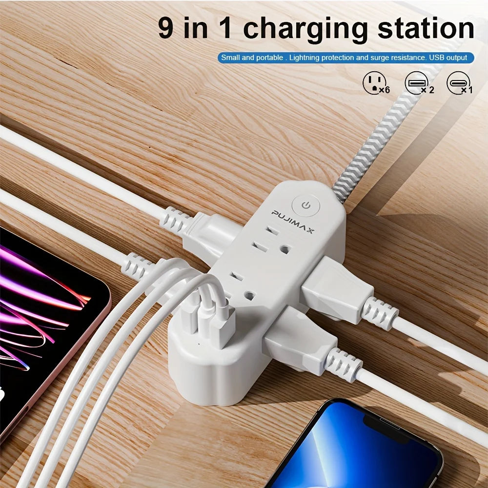 PUJIMAX US version 59.06-inch woven cable multi-function power board, featuring 2 USB ports, 1 Type-C port, 6 AC socket ports