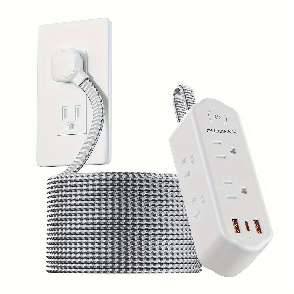 PUJIMAX US version 59.06-inch woven cable multi-function power board, featuring 2 USB ports, 1 Type-C port, 6 AC socket ports
