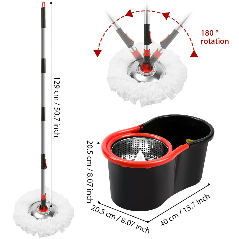 Multi-Functional Spin Mop and Bucket Set with Wring System–Adjustable & Extendable Pole with 2 Replacement Microfiber Mop Heads