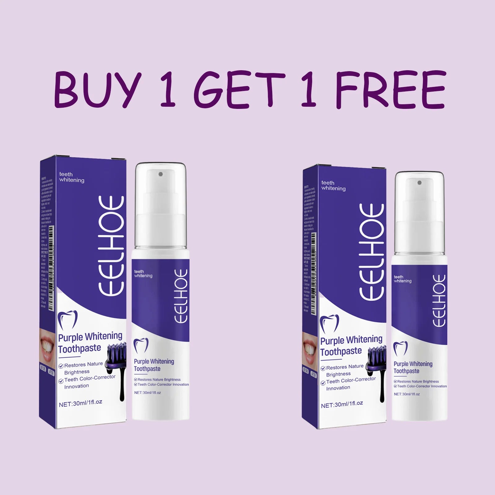 EELHOE 30ML Purple Whitening Toothpaste Teeth Stains Odors Removal Brighten Teeth  Gentle Gum Care Portable Travel Daily Use