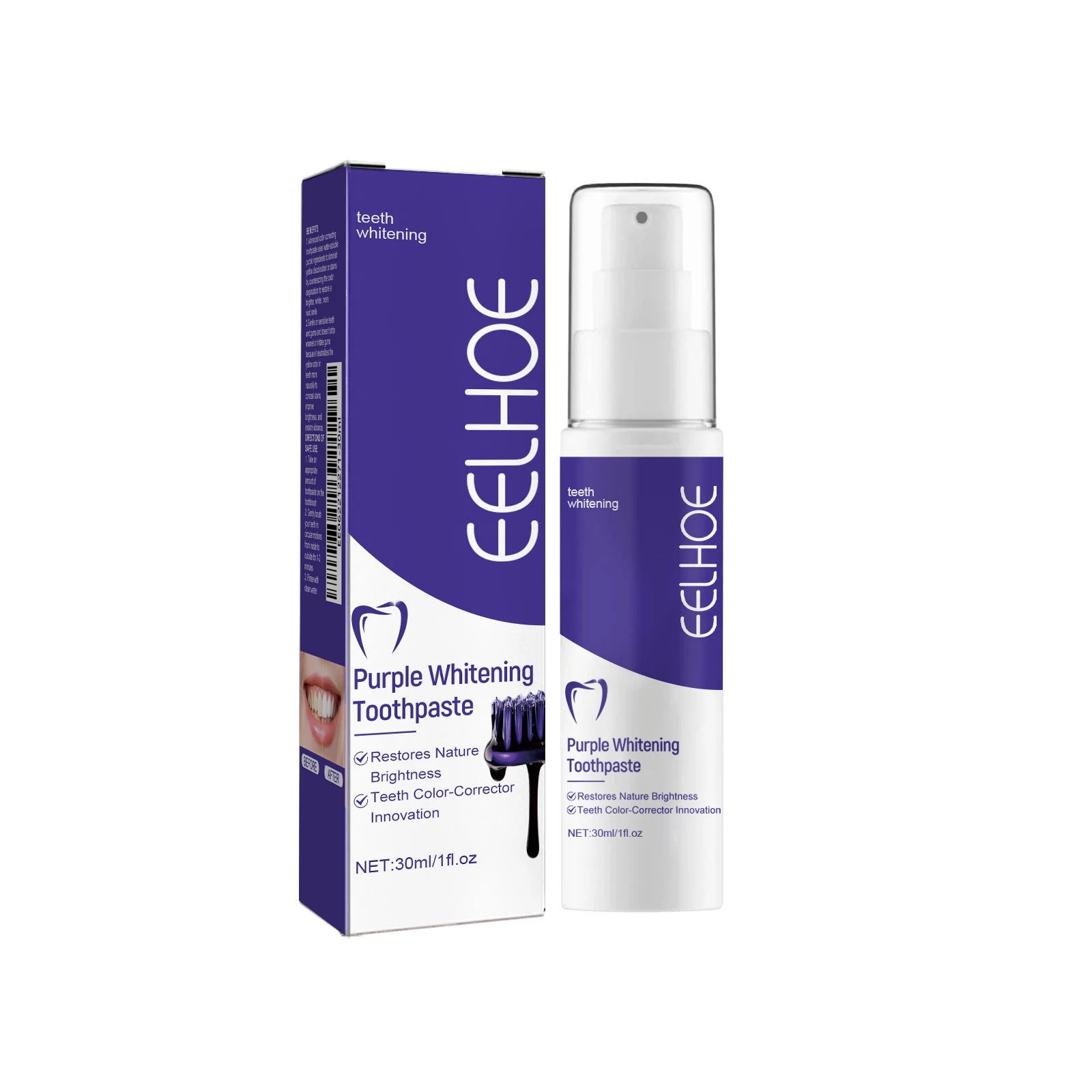 EELHOE 30ML Purple Whitening Toothpaste Teeth Stains Odors Removal Brighten Teeth  Gentle Gum Care Portable Travel Daily Use