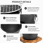 Zoe KL1 Portable Charcoal Grill Mini Tabletop BBQ Cast Iron Body Stainless Steel Removable Grill Net Heat-Resistant Wooden Base Silver Carry Rings Outdoor Picnic and Backyard Cooking