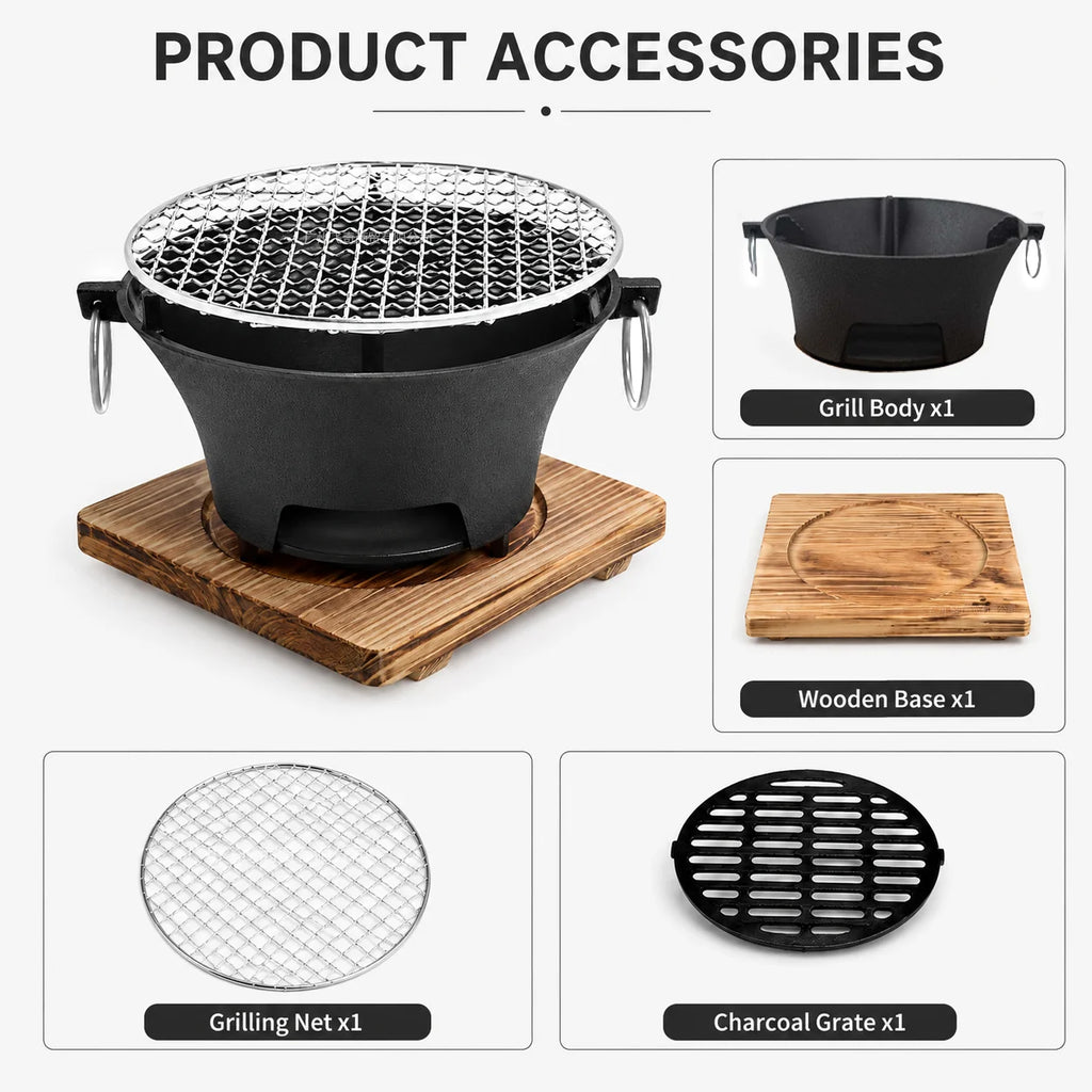 Zoe KL1 Portable Charcoal Grill Mini Tabletop BBQ Cast Iron Body Stainless Steel Removable Grill Net Heat-Resistant Wooden Base Silver Carry Rings Outdoor Picnic and Backyard Cooking