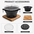 Zoe KL1 Portable Charcoal Grill Mini Tabletop BBQ Cast Iron Body Stainless Steel Removable Grill Net Heat-Resistant Wooden Base Silver Carry Rings Outdoor Picnic and Backyard Cooking