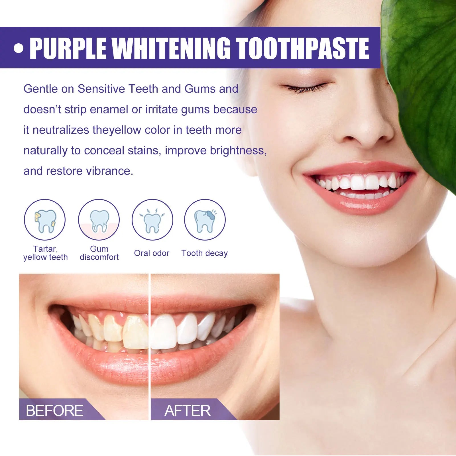 EELHOE 30ML Purple Whitening Toothpaste Teeth Stains Odors Removal Brighten Teeth  Gentle Gum Care Portable Travel Daily Use
