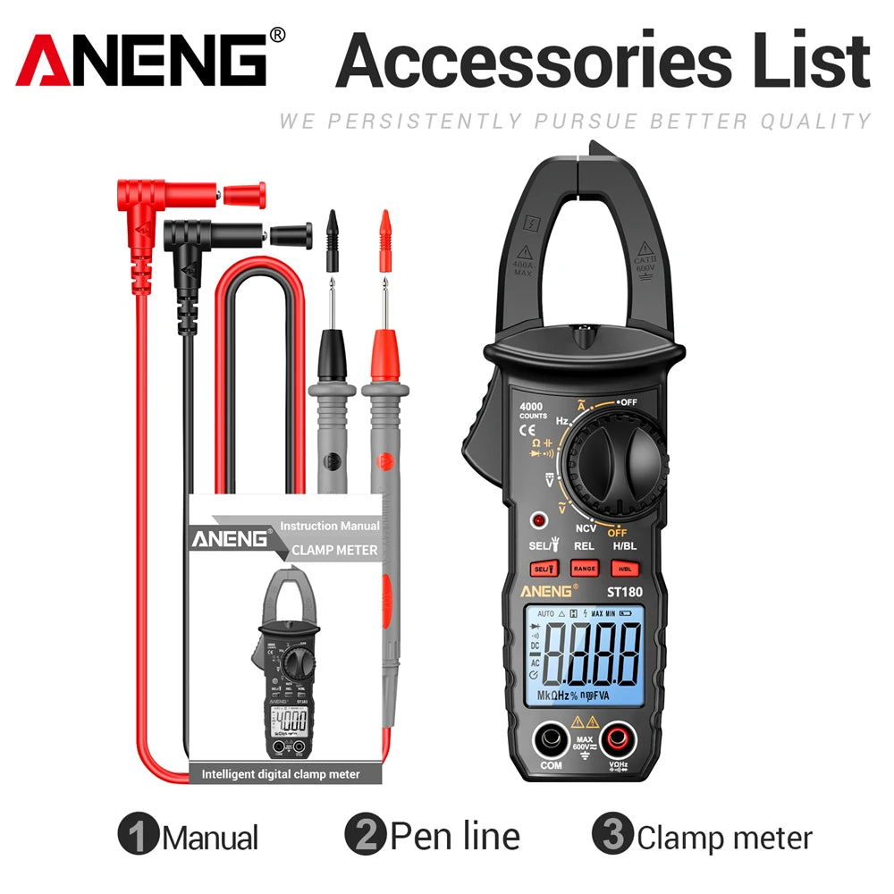 ANENG ST180 Digital Clamp Meter 4000 Counts Multimeter AC Current NCV Capacitance Resistance Frequency Tester