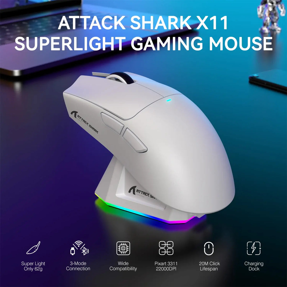 ATTACK SHARK X11 Lightweight Wireless Gaming Mouse with RGB Backlight Charging, Up to 22K DPI, PAW3311 Optical Sensor, HUYU Swit - Nexvibe