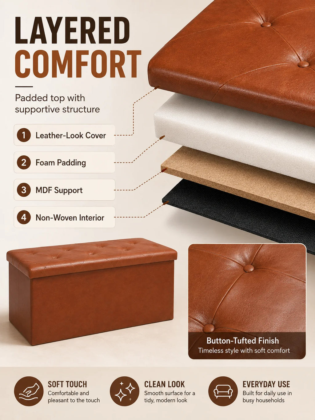 Tufted Faux Leather Storage Bench Folding Footrest Ottoman with 400lbs Weight Capacity, Large Blanket Toy Storage Organizer Chest for Bedroom