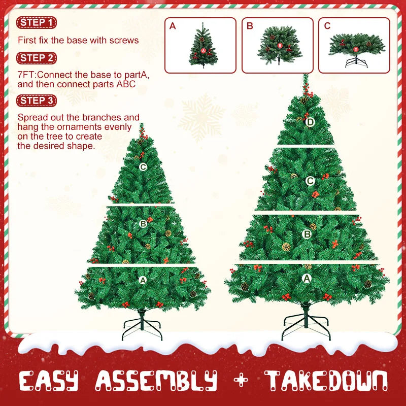Classic Pine Tree 7FT/8FT Pre-Artificial Christmas Tree, with Metal Hinges 1000 PVC Branches Artificial Xmas Tree Home Decor