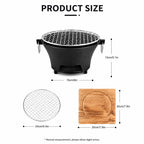 Zoe KL1 Portable Charcoal Grill Mini Tabletop BBQ Cast Iron Body Stainless Steel Removable Grill Net Heat-Resistant Wooden Base Silver Carry Rings Outdoor Picnic and Backyard Cooking