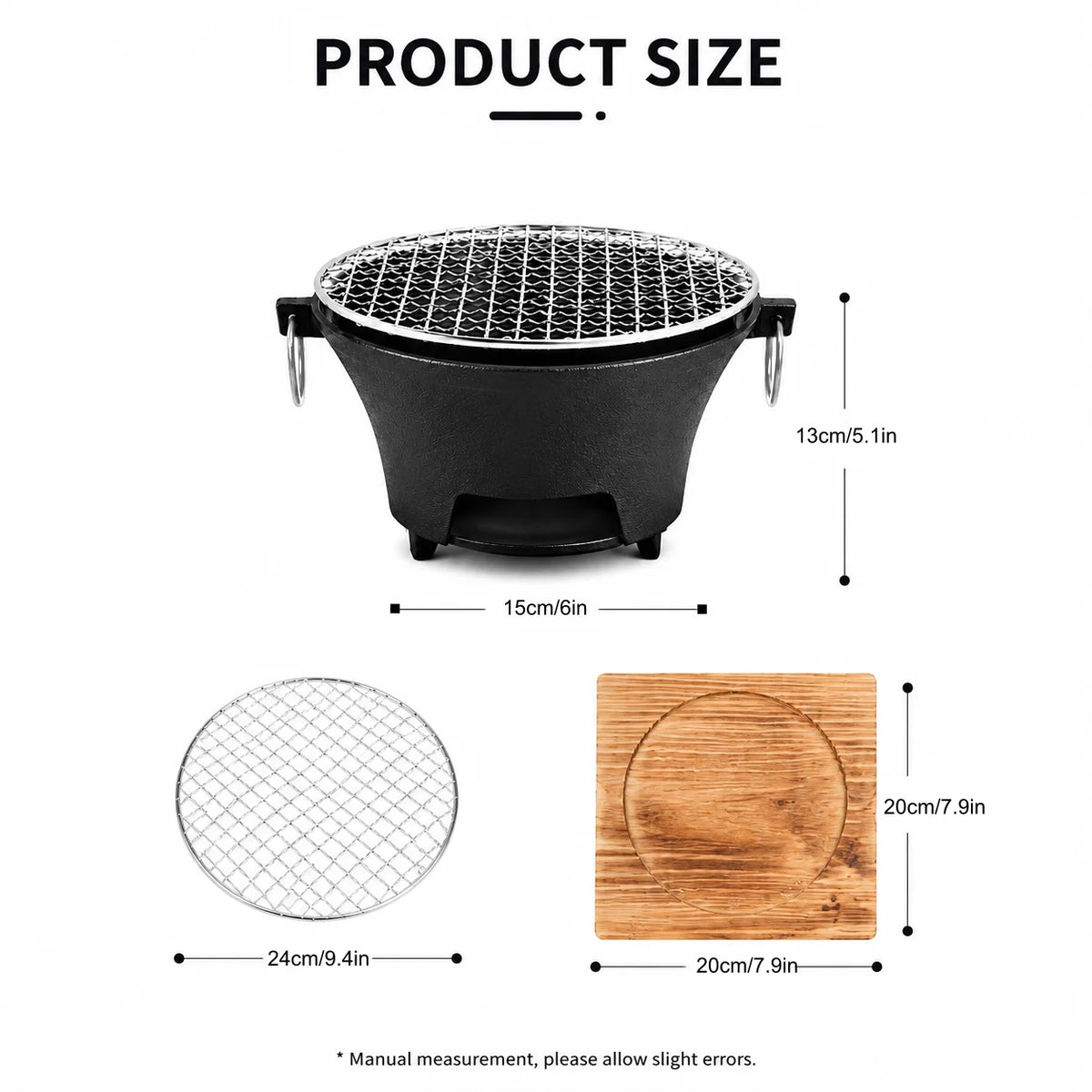 Zoe KL1 Portable Charcoal Grill Mini Tabletop BBQ Cast Iron Body Stainless Steel Removable Grill Net Heat-Resistant Wooden Base Silver Carry Rings Outdoor Picnic and Backyard Cooking